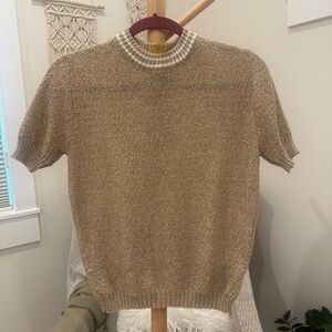 Vintage Tan Short Sleeve Knit Mock Neck Sweater Back Zip Women’s M